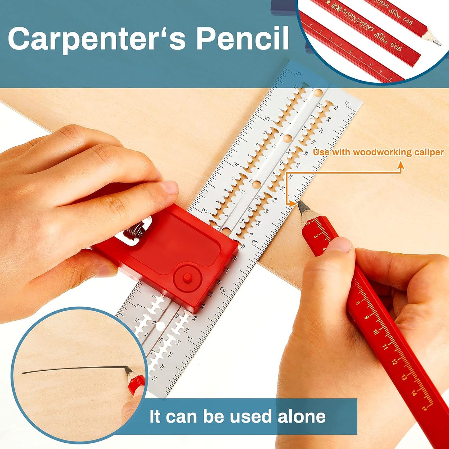 Combination Square Tool Carpenter Square Adjustable Woodworking Tool Aluminum Alloy Die-Casting Square Ruler with 4 Carpenter Pencils for Woodworking (Right Angle,11.8 Inch)