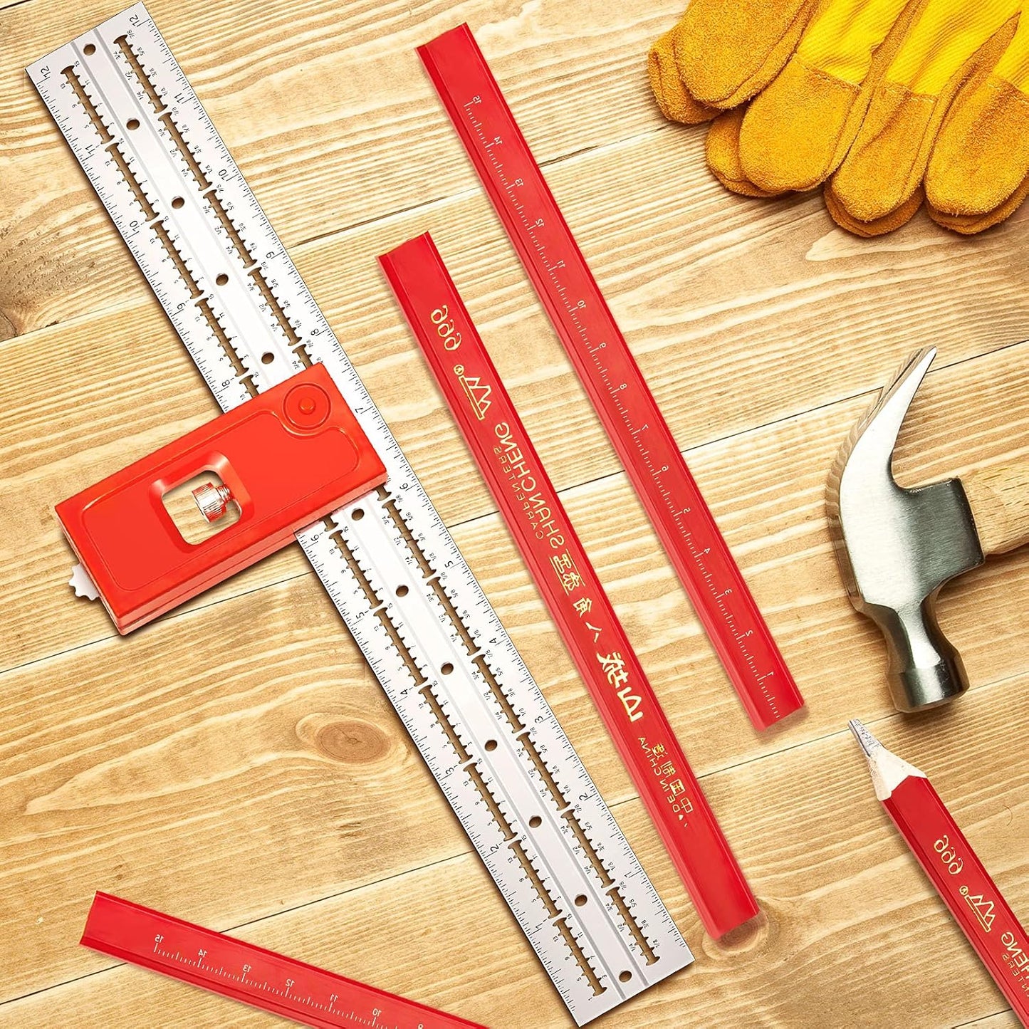 Combination Square Tool Carpenter Square Adjustable Woodworking Tool Aluminum Alloy Die-Casting Square Ruler with 4 Carpenter Pencils for Woodworking (Right Angle,11.8 Inch)