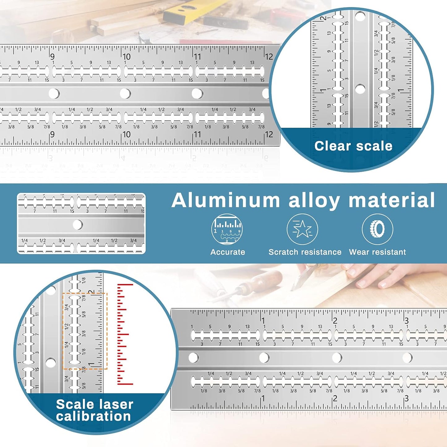 Combination Square Tool Carpenter Square Adjustable Woodworking Tool Aluminum Alloy Die-Casting Square Ruler with 4 Carpenter Pencils for Woodworking (Right Angle,11.8 Inch)