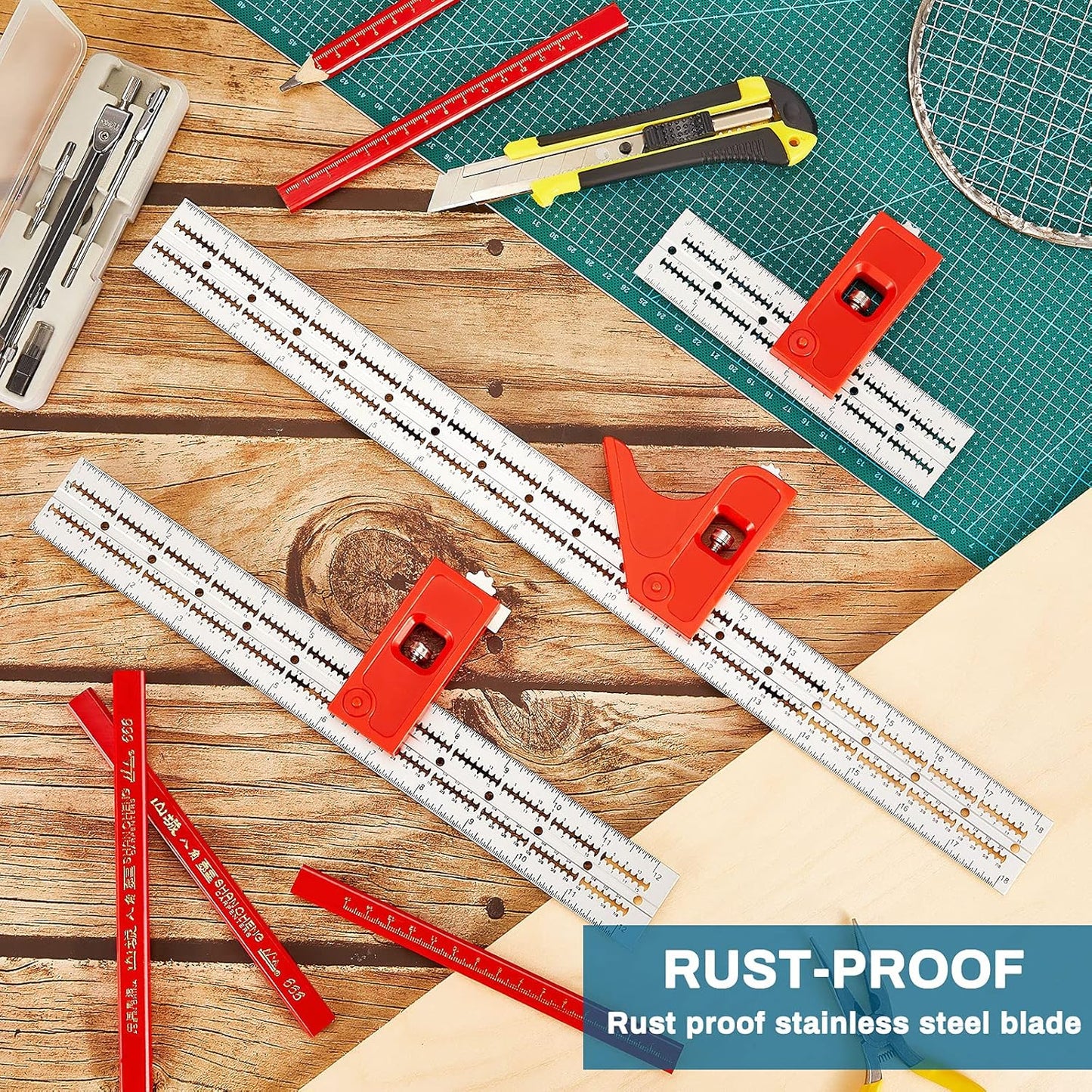 Combination Square Tool Carpenter Square Adjustable Woodworking Tool Aluminum Alloy Die-Casting Square Ruler with 4 Carpenter Pencils for Woodworking (Right Angle,11.8 Inch)