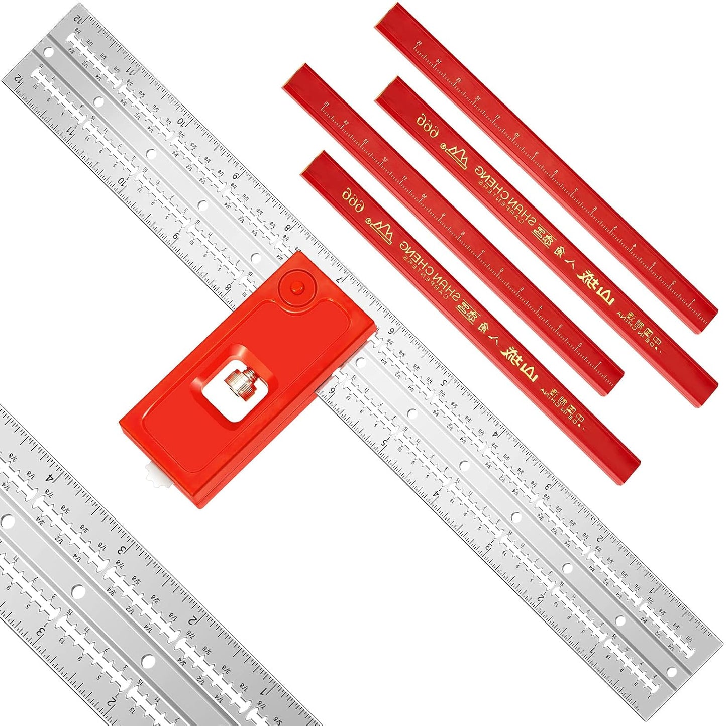 Combination Square Tool Carpenter Square Adjustable Woodworking Tool Aluminum Alloy Die-Casting Square Ruler with 4 Carpenter Pencils for Woodworking (Right Angle,11.8 Inch)