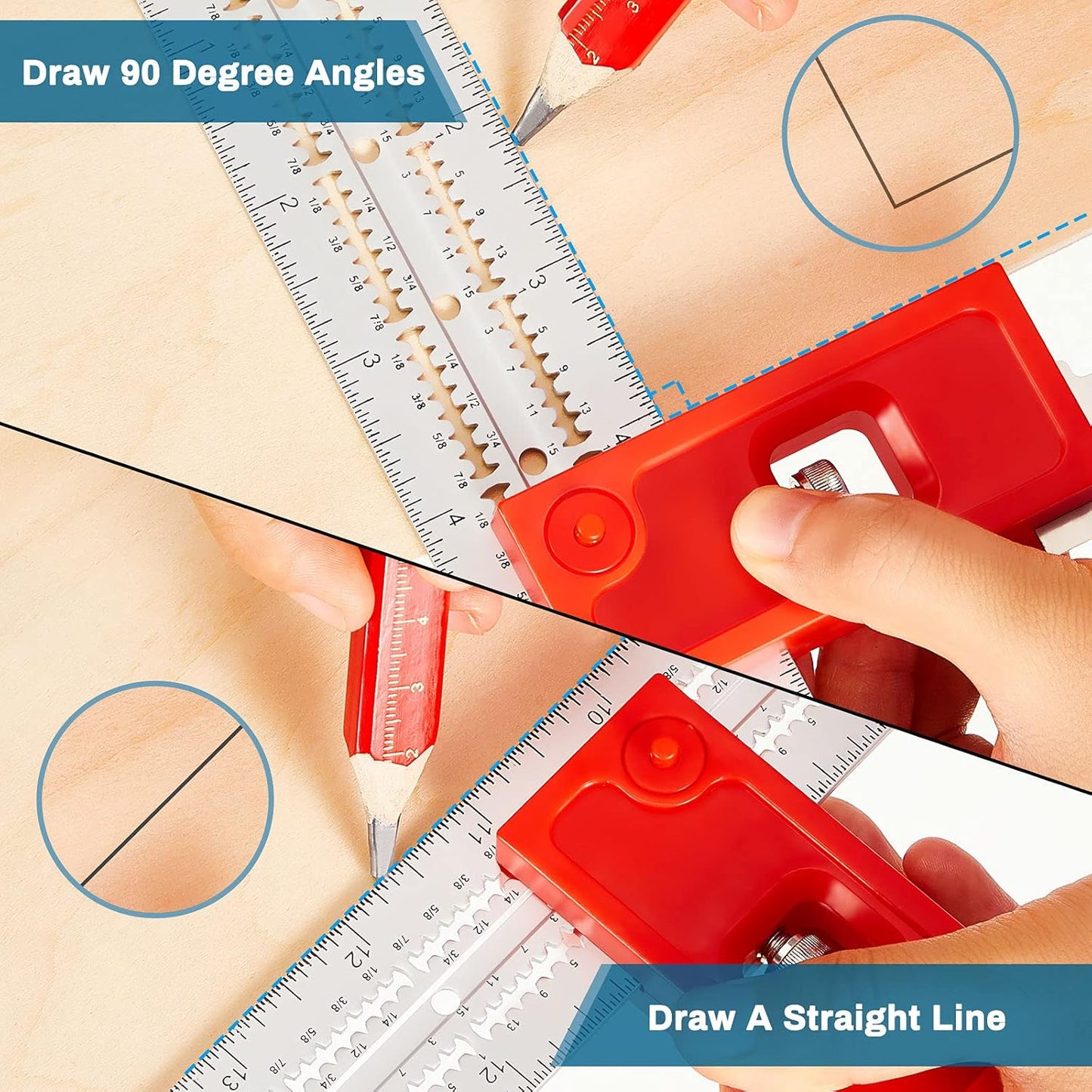 Combination Square Tool Carpenter Square Adjustable Woodworking Tool Aluminum Alloy Die-Casting Square Ruler with 4 Carpenter Pencils for Woodworking (Right Angle,11.8 Inch)