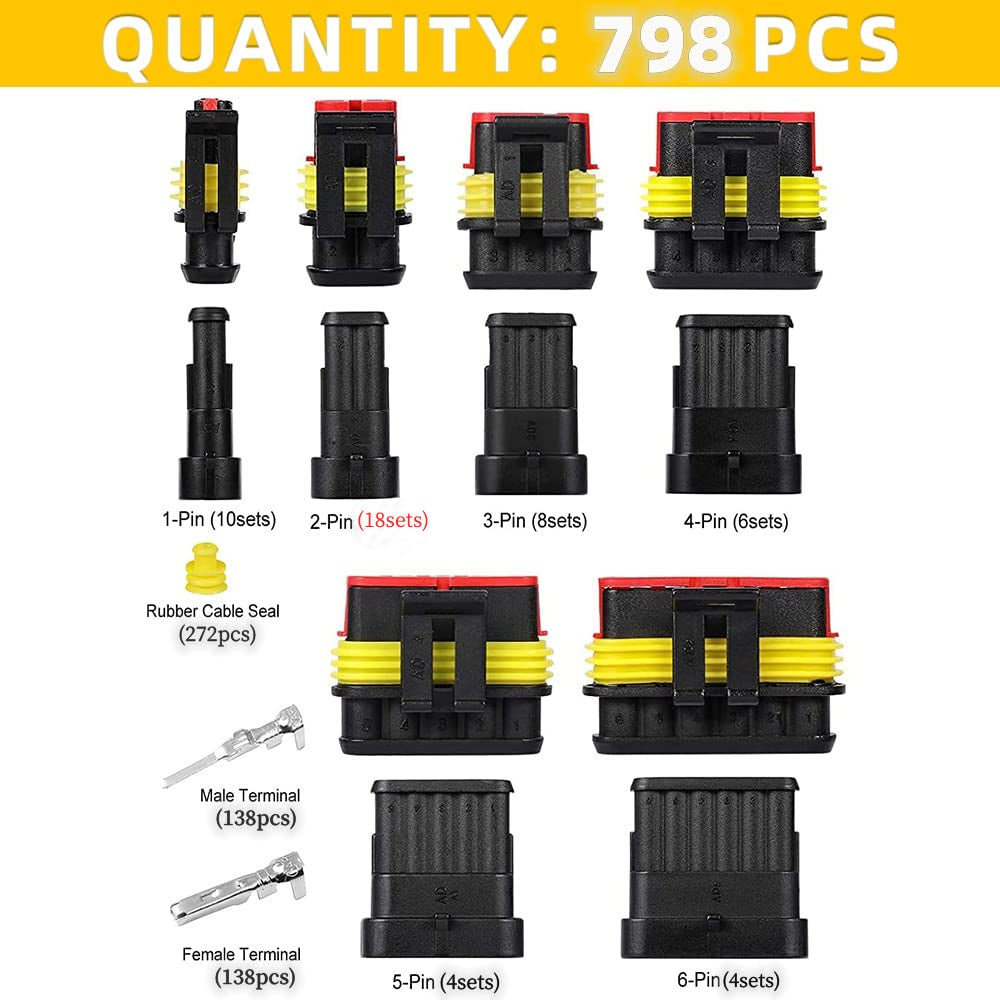 798Pcs 50 Kits Waterproof Automotive Electrical Connector Terminals 1/2/3/4/5/6