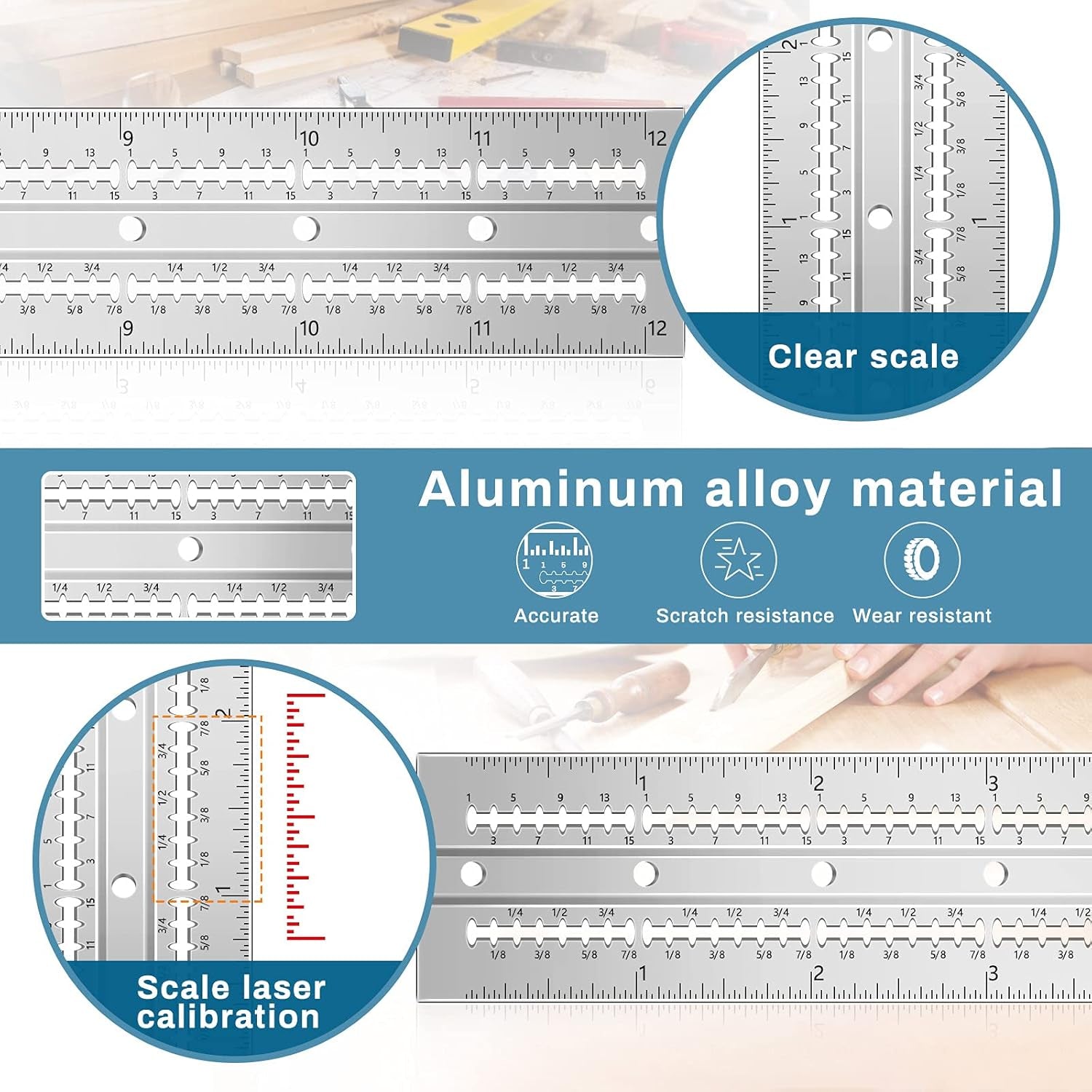 Combination Square Tool Carpenter Square Adjustable Woodworking Tool Aluminum Alloy Die-Casting Square Ruler with 4 Carpenter Pencils for Woodworking (Right Angle,11.8 Inch)