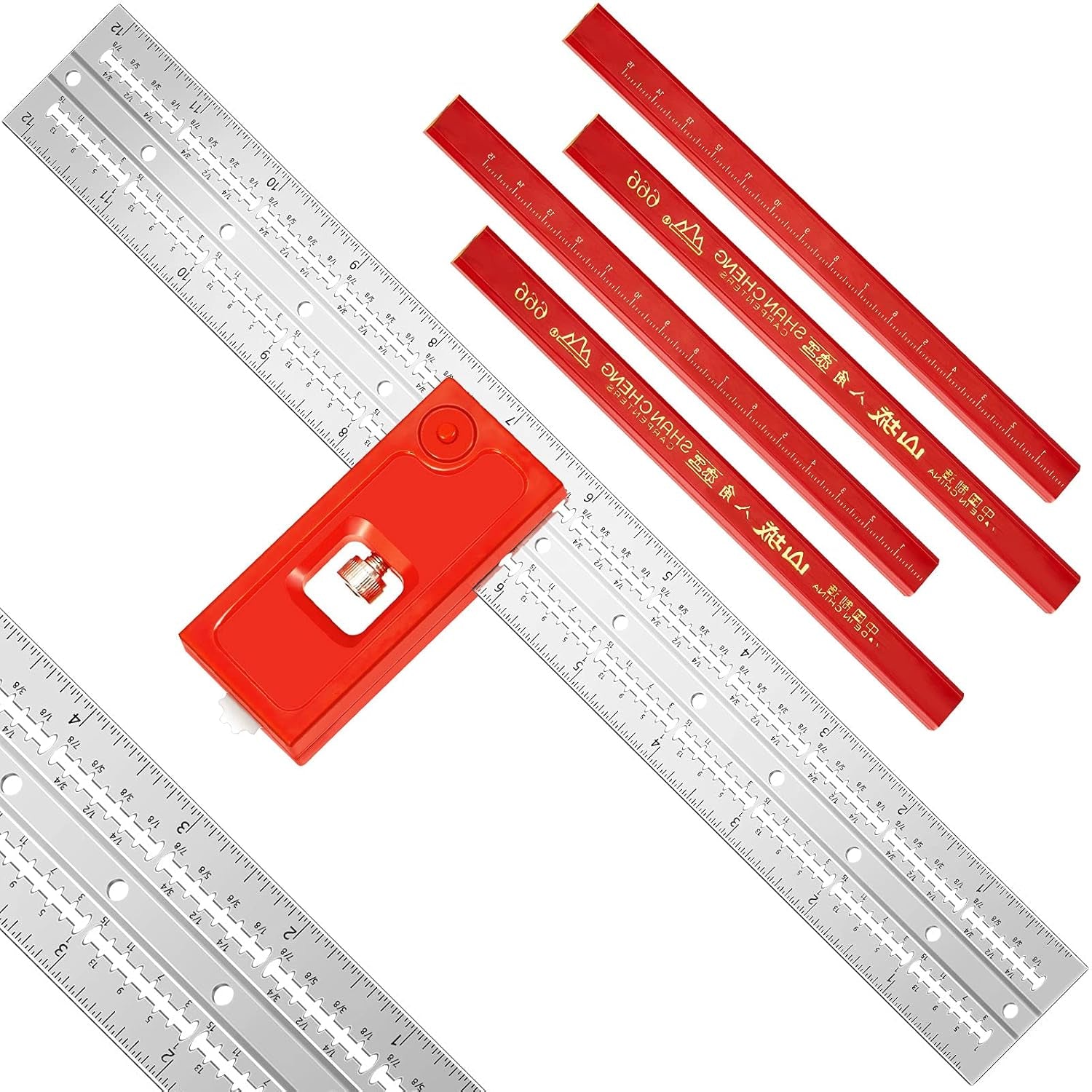 Combination Square Tool Carpenter Square Adjustable Woodworking Tool Aluminum Alloy Die-Casting Square Ruler with 4 Carpenter Pencils for Woodworking (Right Angle,11.8 Inch)